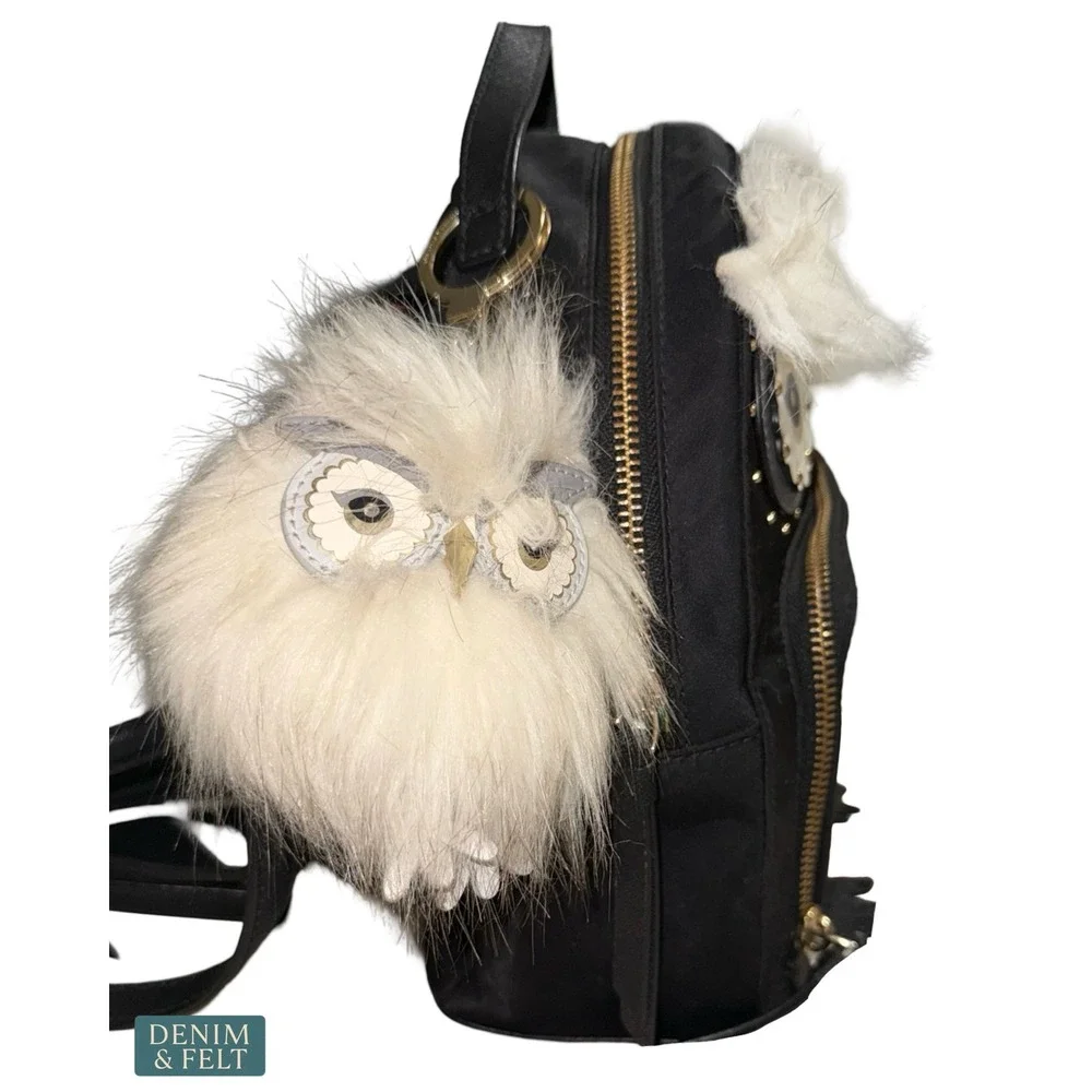 Kate Spade Owl Mini Backpack Novelty Black‎ Nylon Faux Fur Whimsical Animal Bag